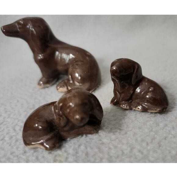 Set 3 Vintage Japan Dachshund Dog Glazed Pottery Brown Mom and Babies - Picture 6 of 8